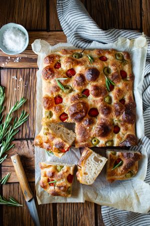Potato focaccia near salt and rosemary