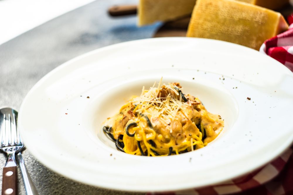 Italian homemade pasta with seafood and parmesan