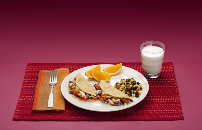 Dinner meal with five USDA food groups: grains, protein foods, dairy, vegetables, and fruit