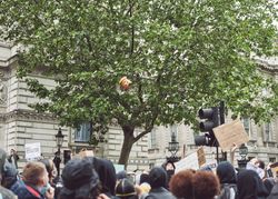 London, England, United Kingdom - June 6th, 2020: Group of protesters below a tree with Trump effigy