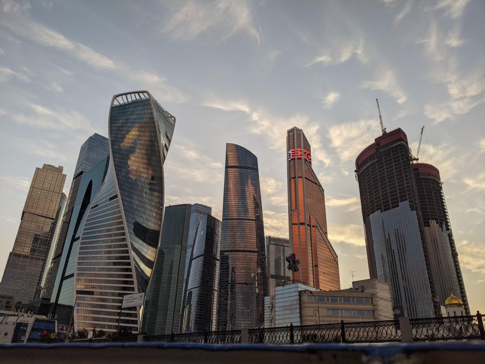 High rise buildings under blue sky in Moscow, Russia