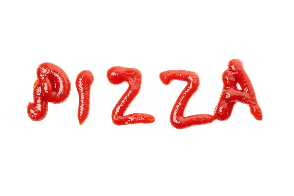 Text Pizza made of ketchup isolated on blank background