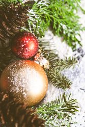 Christmas card concept of snowy red and golden baubles