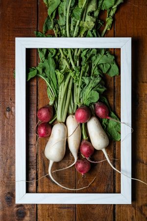 Fresh organic radish and turnips in a white frame on a dark wooden table