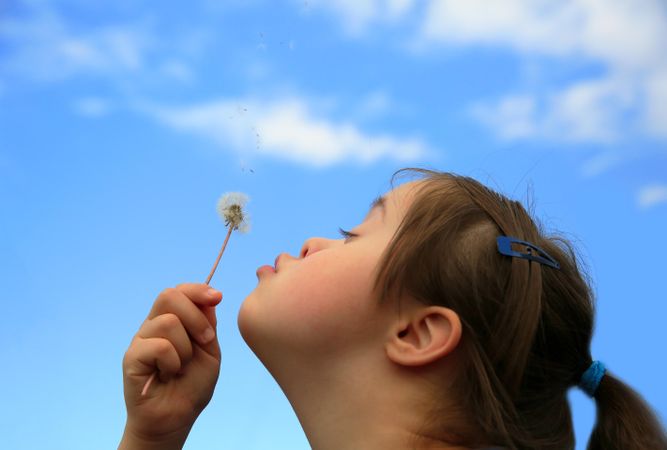 Young child blowing dandelion flower with blue cloudy sky in the background