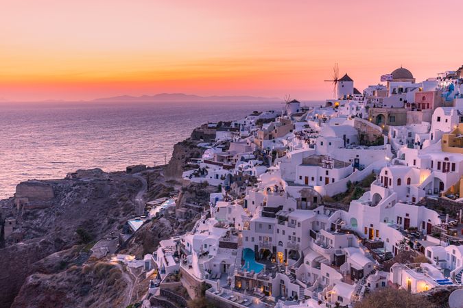 Santorini town under a sunset