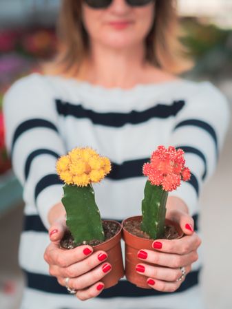 Female with blooming cactus plant