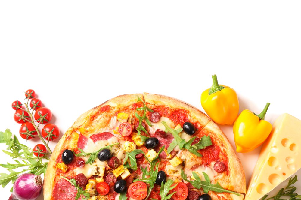 Tasty pizza and ingredients isolated on plain background