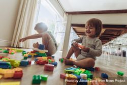 Happy brothers playing with building blocks sitting on floor 0yx6Rb