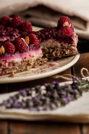 Fruit berry pie and branch of lavender on table