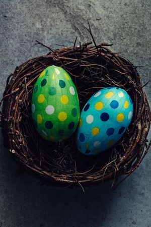 Easter eggs with dots in bird nest