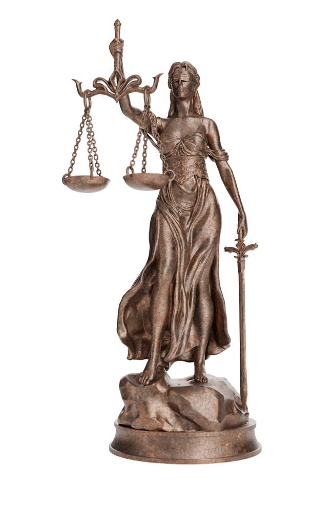 Bronze Lady of Justice Statue Isolated on a Blank Background.