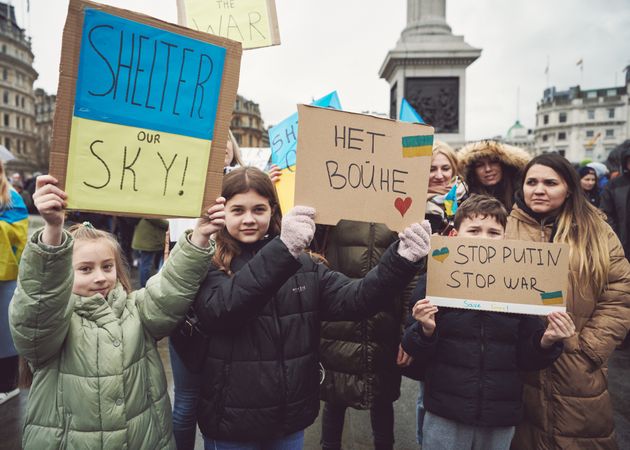 London, England, United Kingdom - March 5 2022: Young people at anti war protest in London