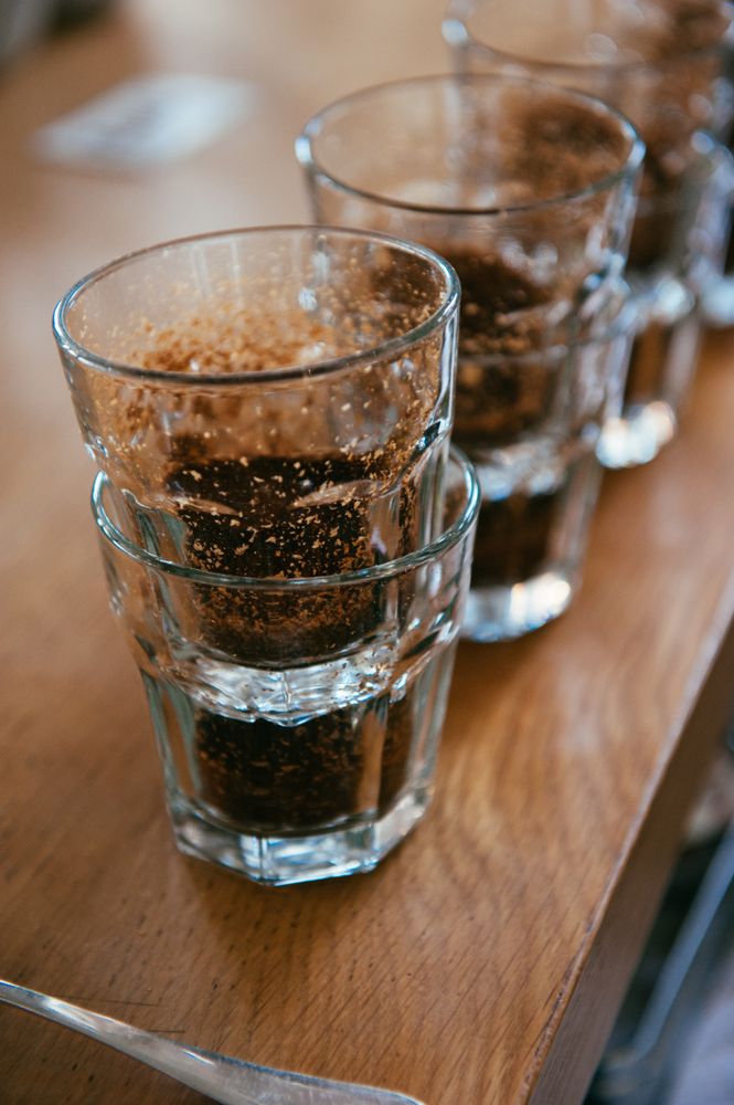 Close up of glasses with coffee on the sides for coffee tasting