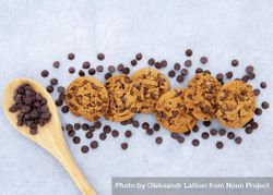Arrangement of cookies surrounded by chocolate chips and spoon bY1LGb