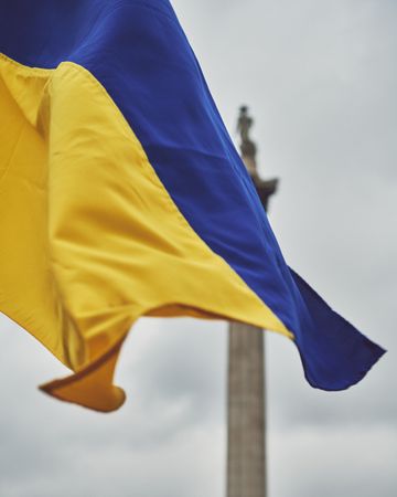 London, England, United Kingdom - March 5 2022: Ukraine flag flying in  Trafalgar Square
