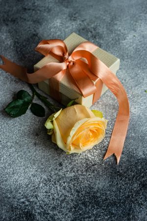Yellow flowers and gift with pink ribbon on grey table