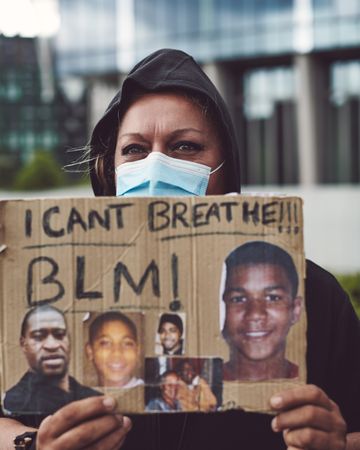 London, England, United Kingdom - June 6th, 2020: Woman in face mask with BLM sign