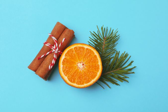 Mandarin, cinnamon and pine branch on blue background