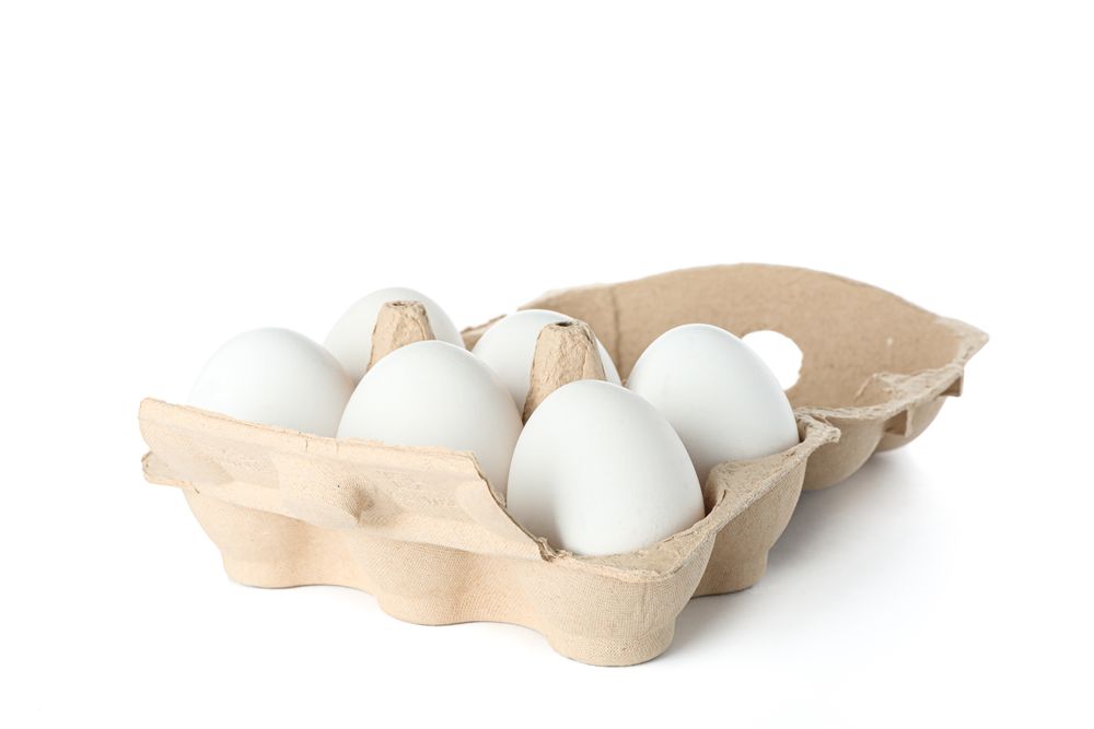 chicken eggs in carton box isolated on blank background