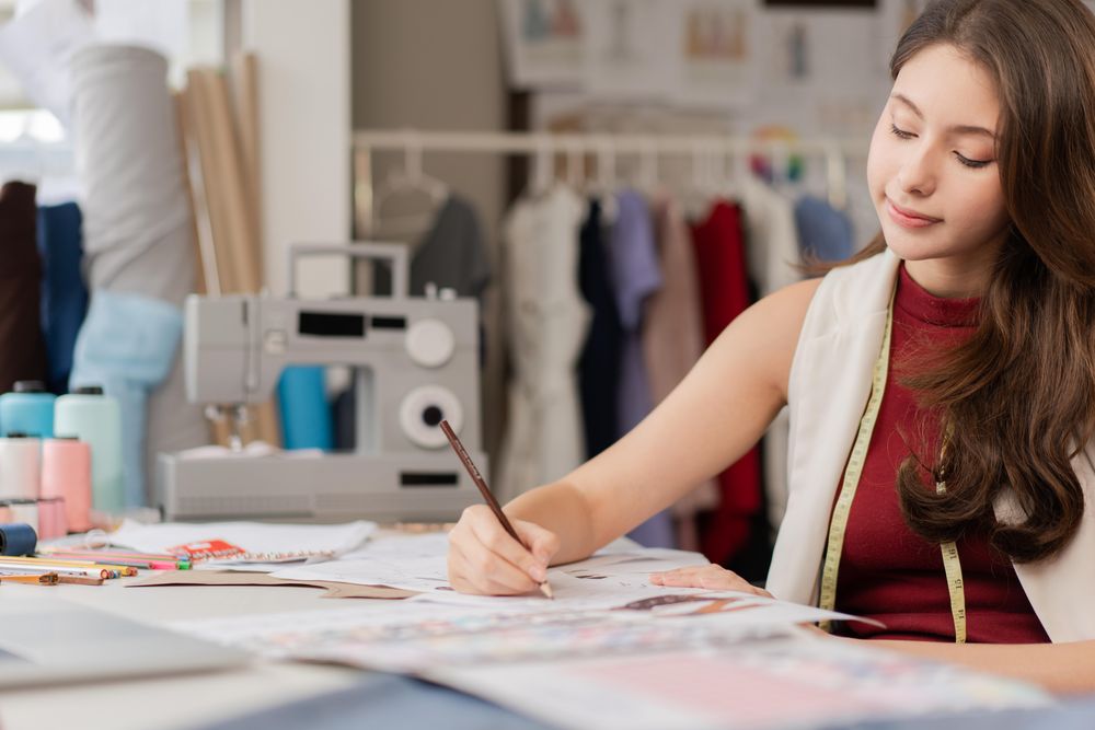 Young fashion designer woman drawing sketches pattern clothes