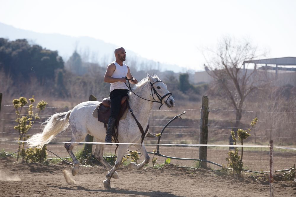 Man in casual riding outfit galloping on horse