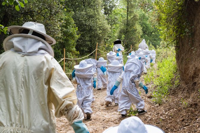Company of kids in protective costumes in apiary