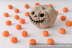 Pumpkin skull surrounded by mini orange pumpkins on light  background 4mvLWb