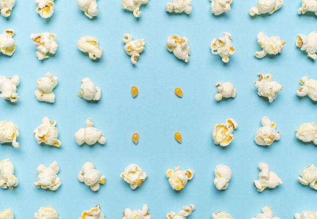 Popcorn flakes and corn kernels aligned on a blue background