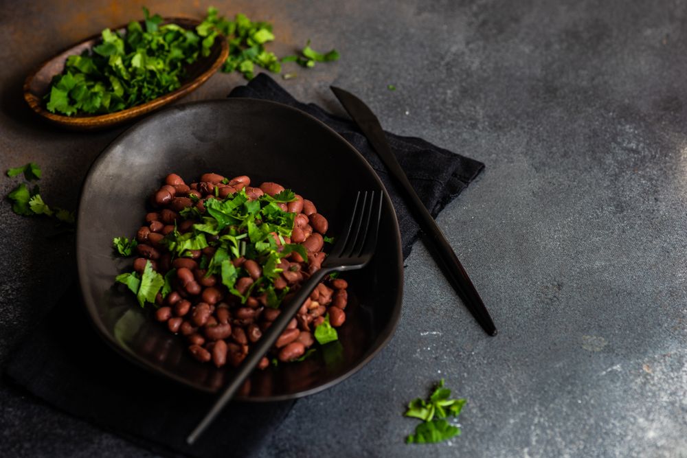Traditional Georgian lobio dish in elegant modern bowl with copy space
