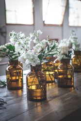 flower twigs in vintage vases on table
