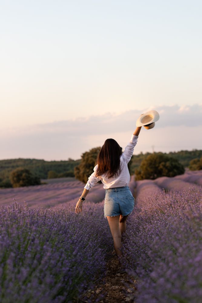 Anonymous woman walking in lavender field