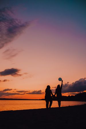 Unrecognizable females walking along beach during sunset