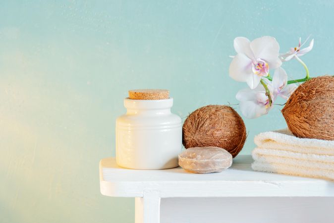 Coconuts and soap with handtowels
