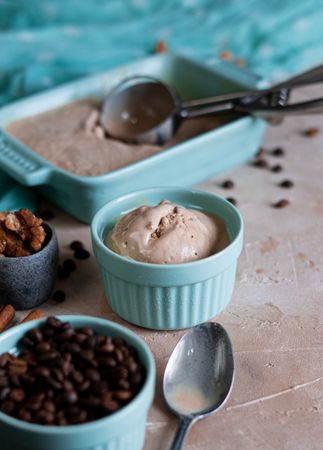 Coffee ice cream with coffee beans and walnuts