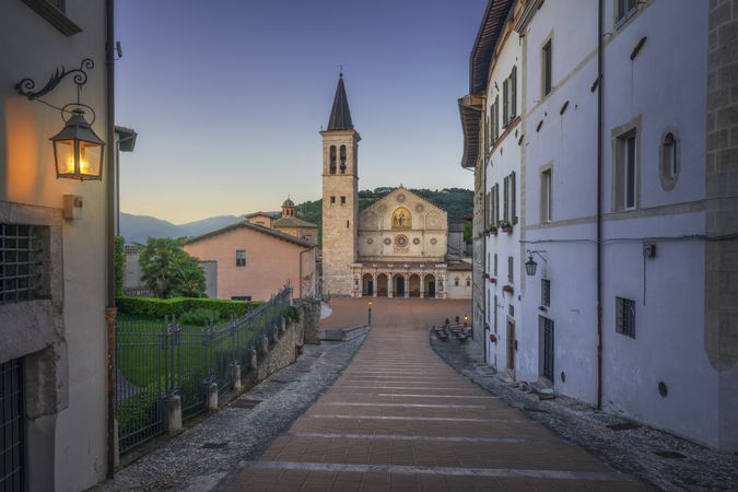 Spoleto, Santa Maria duomo cathedral at sunset