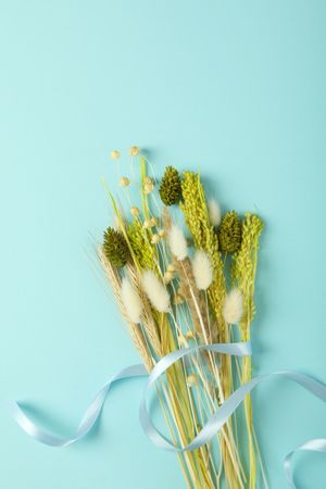 Dried flower bouquet with ribbon in line on blue background
