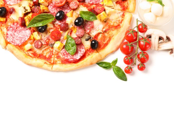 Delicious pizza and ingredients isolated on blank background