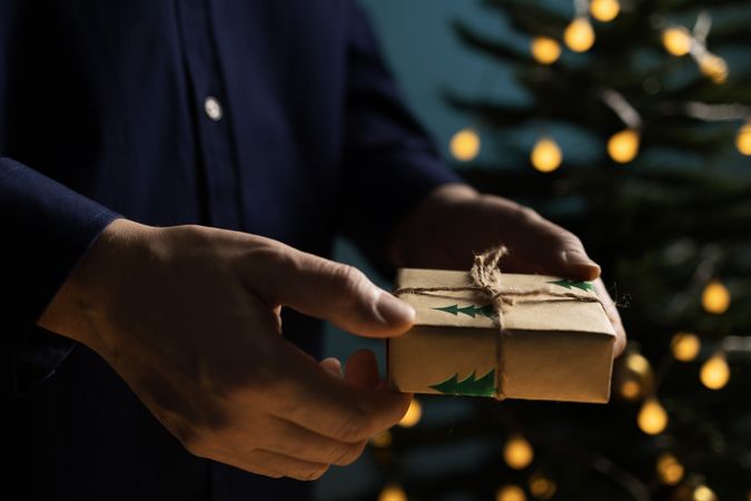 Man holding Christmas gift near tree