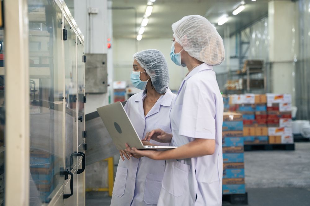 Industrial workers inspecting quality control of canned fish factory