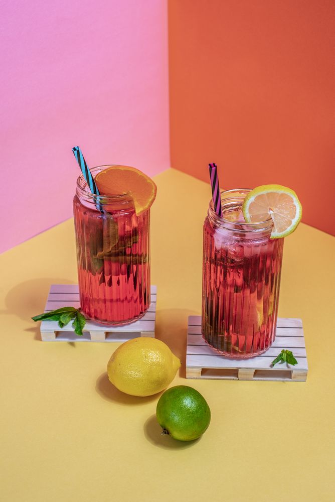 Jars of pink cold ice tea