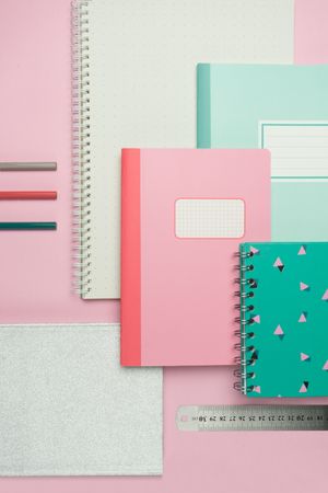 School stationery set on pink background
