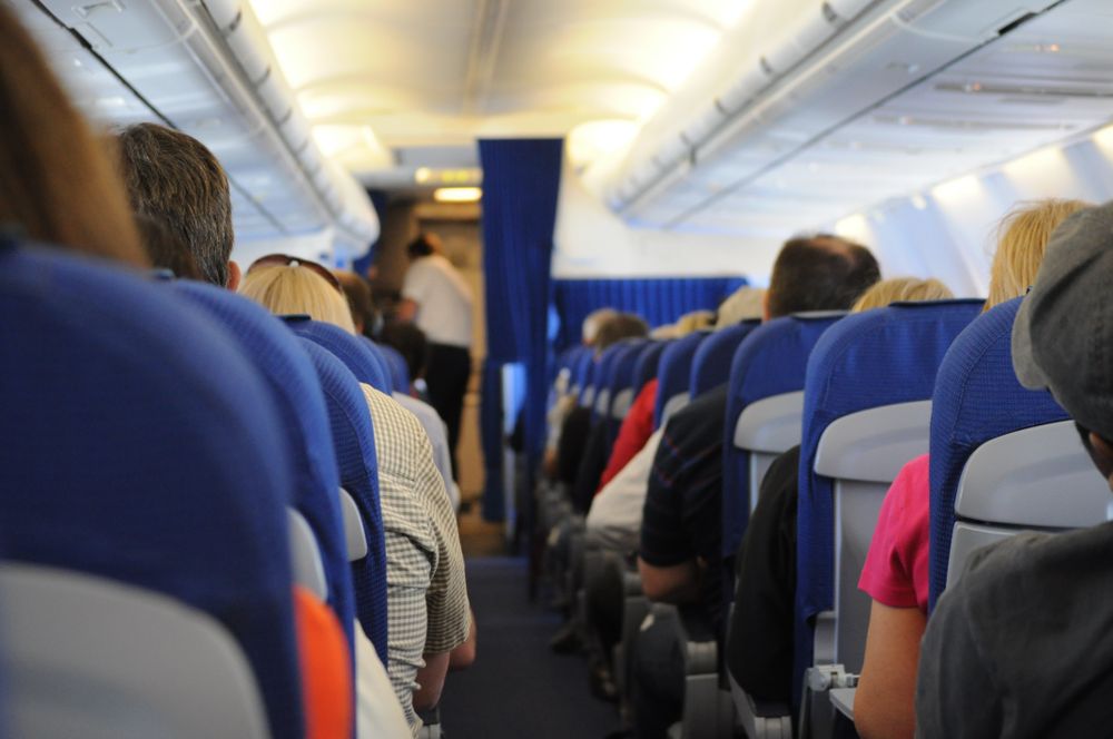 Back view of people in an airplane