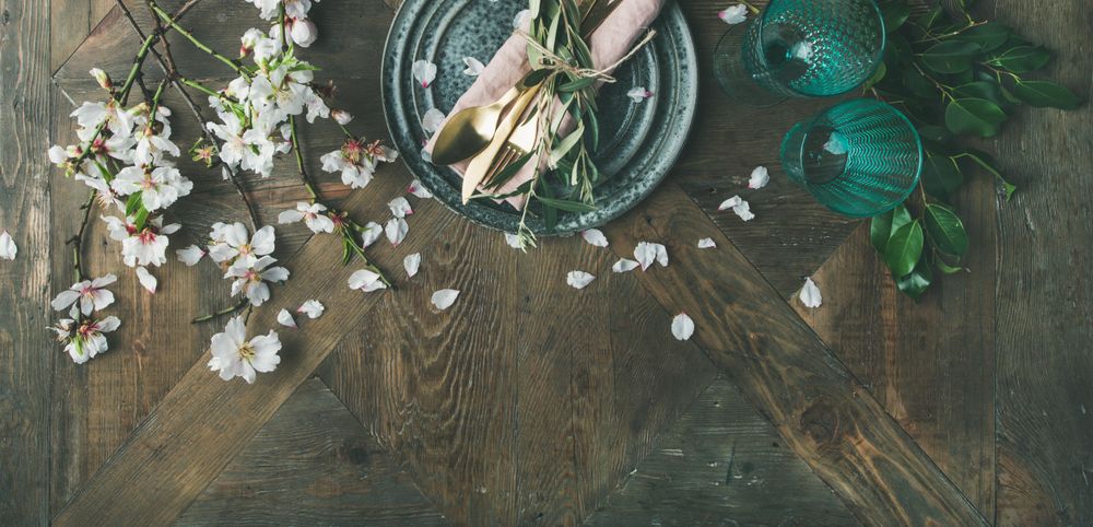 Spring Easter holiday table setting with copy space