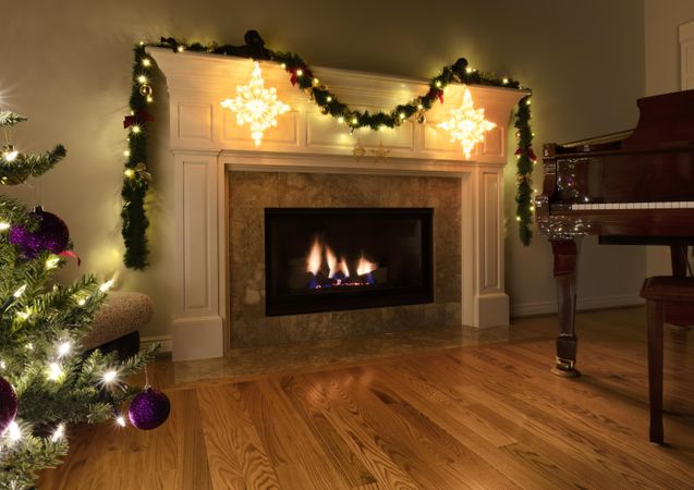 Holiday gas insert fireplace inside a house