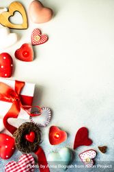 Top view of various Valentine's day items, heart candles, ornaments and gift 0KMMyN