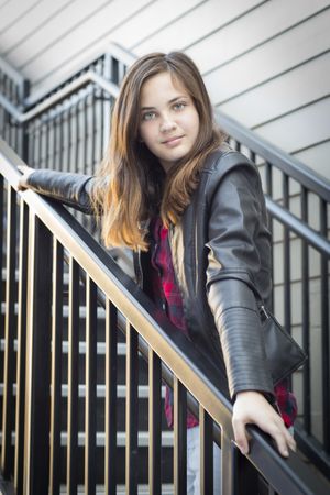 Portrait of Young Girl Weather Leather Jacket