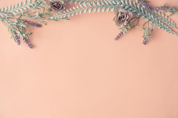 Creative layout made with spring flowers and leaves on pastel pink background