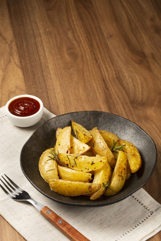 Roasted potatoes with rosemary on the plate.