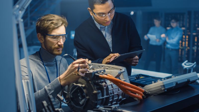 Two Professional Automotive Engineers with a Tablet Computer and Inspection Tools are Having a Conversation While Testing an Electric Engine in a High Tech Laboratory with a Concept Car Chassis.